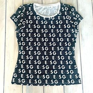 ♥️Guess Logo white on black short sleeve fitted stretch tshirt juniors